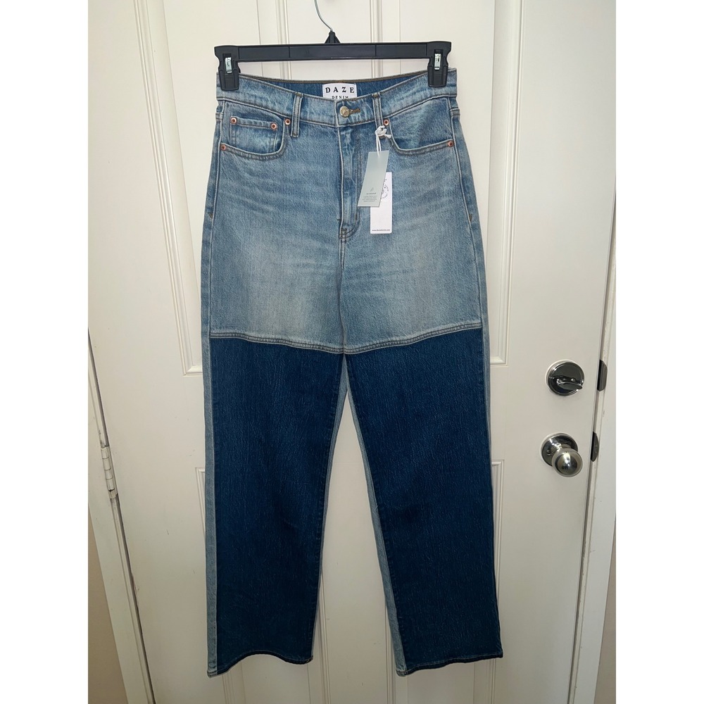 NWT Womens Daze Blue Denim Colorblock Straight Leg Jeans Sz 26